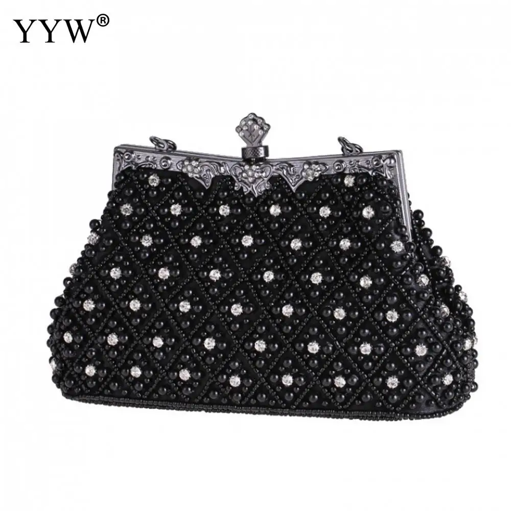 Pearl Beaded Lace Rose Fashion Rhinestone Bags White Evening Bags Women