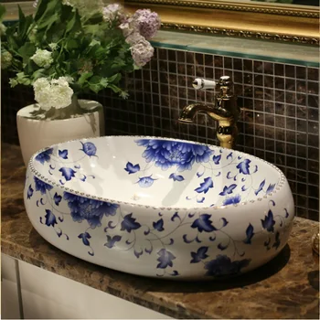 

Europe Vintage Style China Handmade Lavabo Washbasin blue and white Artistic Bathroom Sink ceramic cabinet basin 