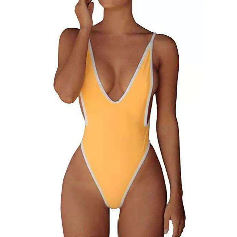 

Sexy Deep V-neck Swimsuit One Piece Sexy High Cut Bodysuits Swimwear Women 2019 Bathing Suit Monokini Bikini Push Up Yellow Blue