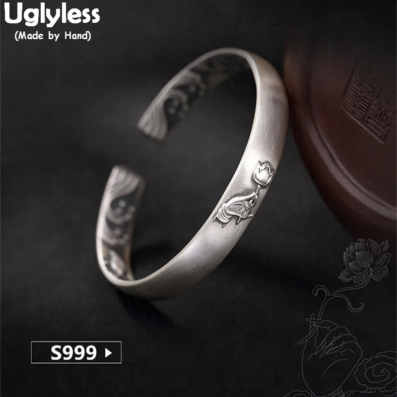 Uglyless Real 999 изящный Серебряный браслет Святого буддизма браслеты в виде лотоса для