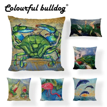 

Oil Painting Sea Scenery Cushion Covers Crab Mermaid Dolphin Home Decor Sofa Bench Seats Square High Quality Coastal Pillowcases