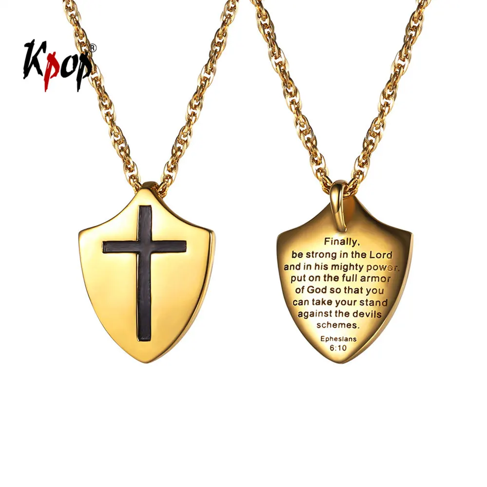 

Kpop Shield Pendant Necklace Spiritual Jewelry Stainless Steel Gold Color Christian Jesus Bible Words Necklace for Men P2750
