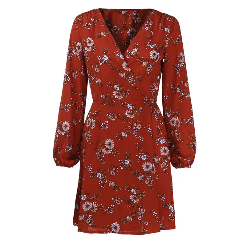 Fashion dress women summer Autumn 2018 Long Sleeve Floral Print lacing Casual Mini Dress Floral Dress vestido A21#N (2)