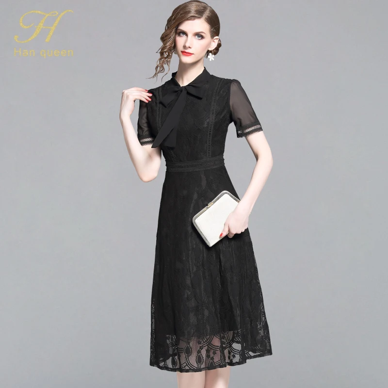 

H han queen new bow black lace dresses women sexy fashion hollow out summer dress elegant work casual slim vintage party vestido