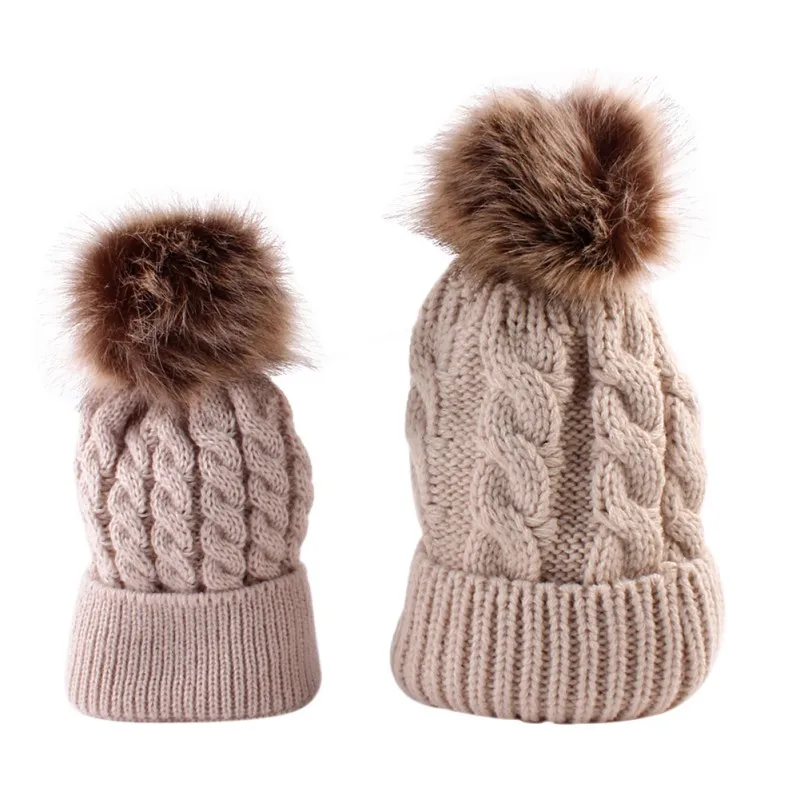 2 предмета, теплая зимняя вязаная шапочка мех, шапка с помпонами, вязаная Лыжная шапка, новинка, трикотажные шапки для мамы и ребенка - Цвет: Хаки