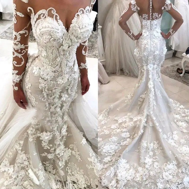 Luxurious Sheer Long Sleeves Mermaid Wedding Dress 2019 Lace 3d Floral