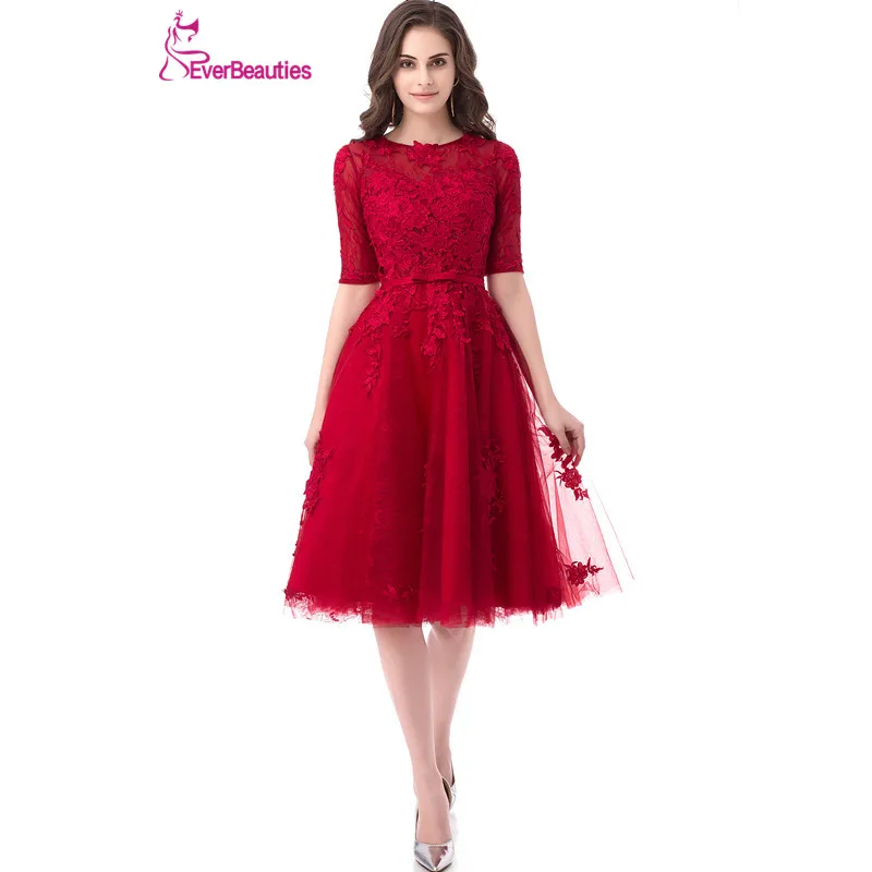 

Short Evening Dresses A-Line Women Lace Appliques Robe De Soiree Half Sleeves Elegant Party Formal Prom Dress 2019 Abendkleider
