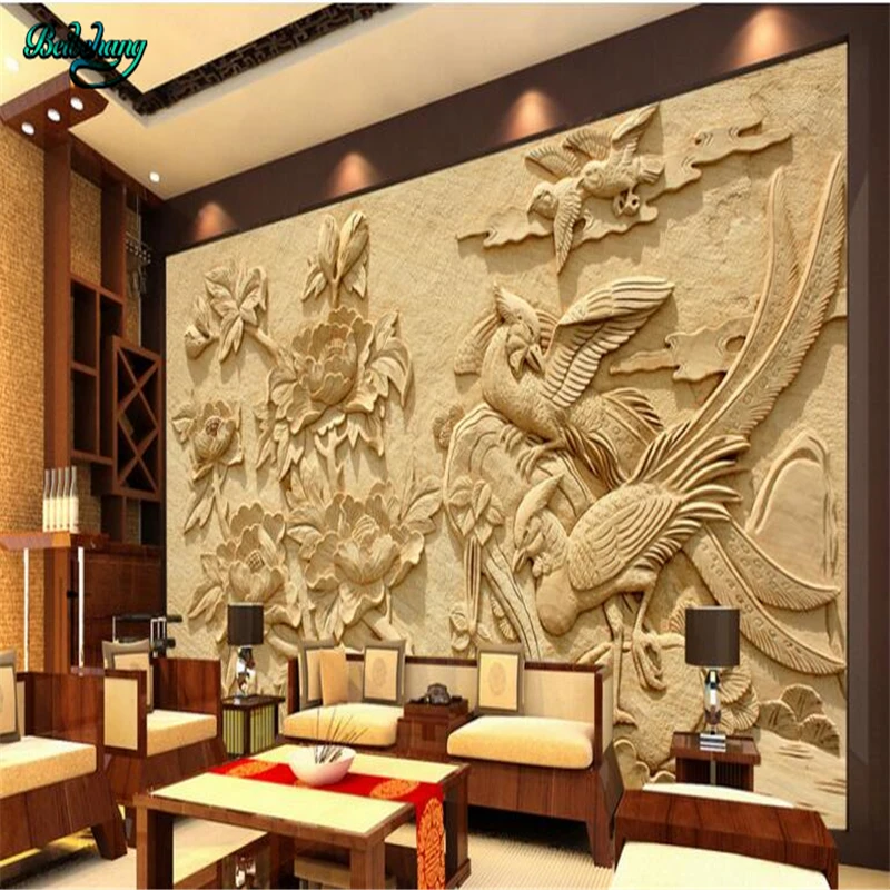 beibehang Wood carved flowers rich flowers and birds TV background wall