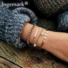 Ingemark Простой Имитация жемчуга браслет с кисточкой 4 шт./компл. Шарм со стразами на тонком звеньями сладкий браслет Пром Для женщин ювелирные изделия