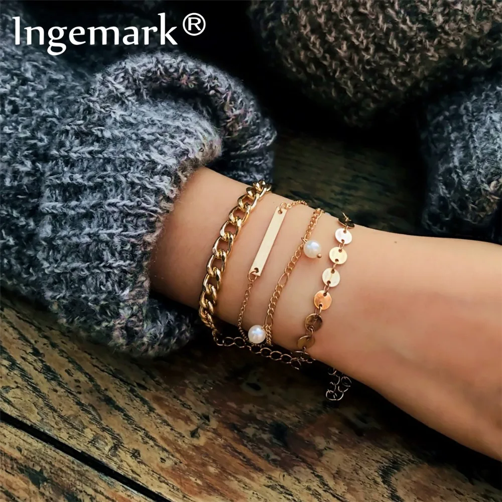 

Ingemark Simple Imitation Pearl Tassel Bracelet 4pcs/Set Charm Sequin Thin Thick Link Sweet Bracelet Bangle Prom Women Jewelry
