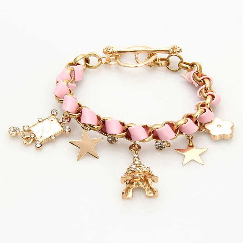 

Trendy Summer Cute Wrap Bangles Star Flower Poker Eiffel Tower Crown Leather DIY Rope Bracelet For Women Girls Jewelery Gifts