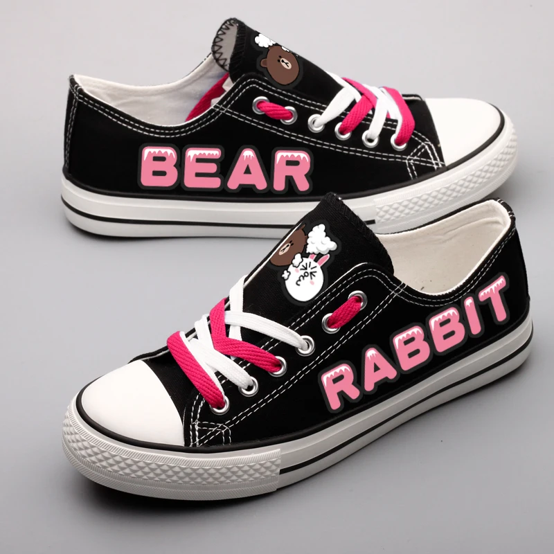 

Cartoon Bear and Rabbit Print Girls Students Canvas Shoes Graffiti Brown Letter Printed Casual Walking Shoes Espadrilles