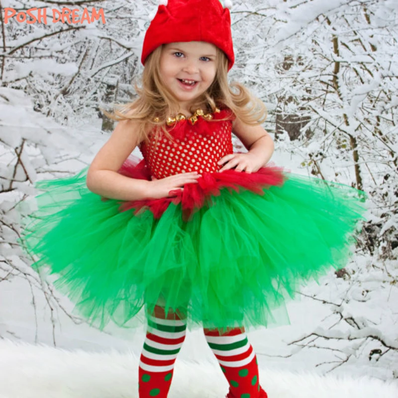 

POSH DREAM CHRISTMAS Kids Girls Costume Green and Red Tulle Handmade Kids Girls Tutu Dresses for Holiday Photo Prop Pageant
