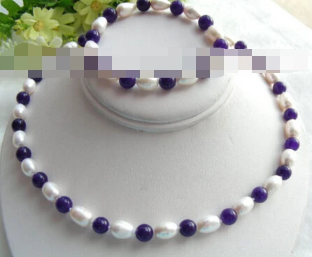 

free shipping 07804 white freshwater pearls $natural Amethyst necklace a set hot