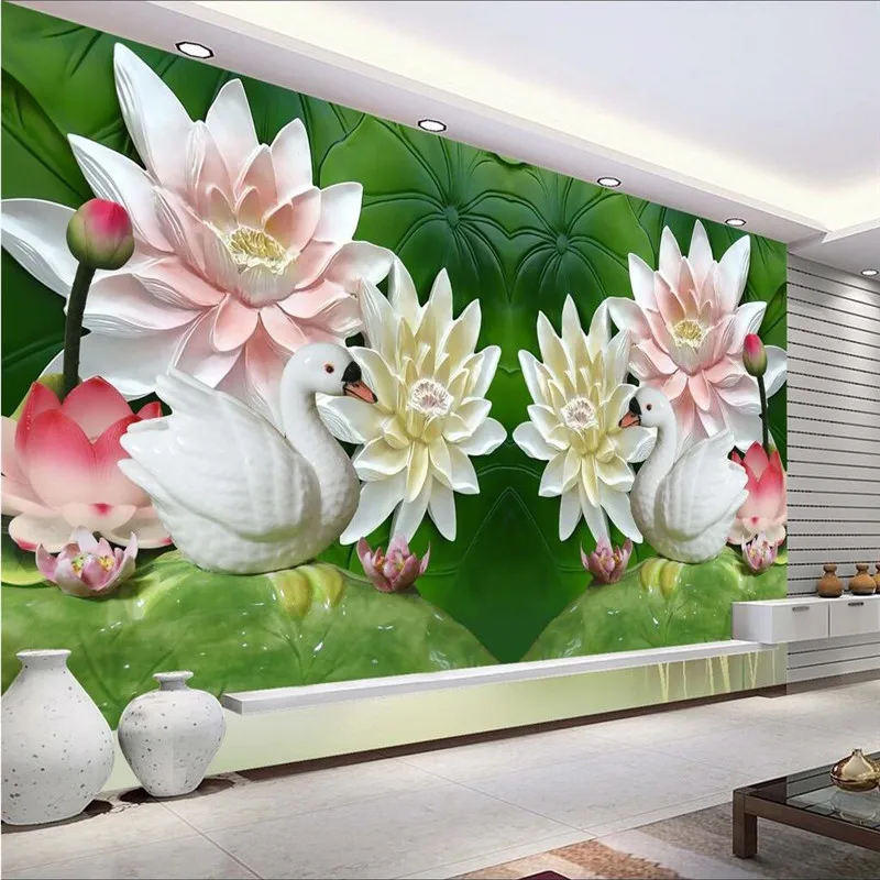 beibehang Home Decor Swan Green lotus relief Hotel Background Modern Mural for Living Room Murales De Pared 3d Wallpaper