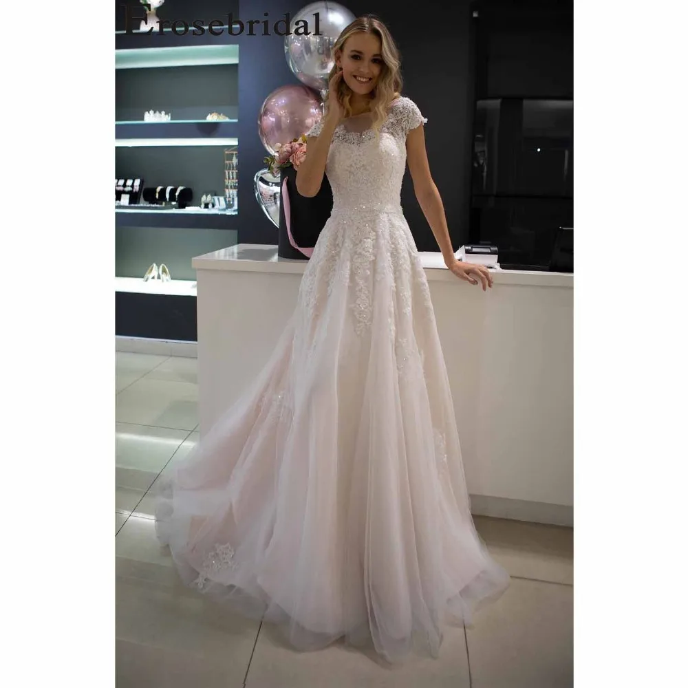 Женское кружевное платье с поясом Erosebridal белое свадебное и бусинами 2019|Свадебные