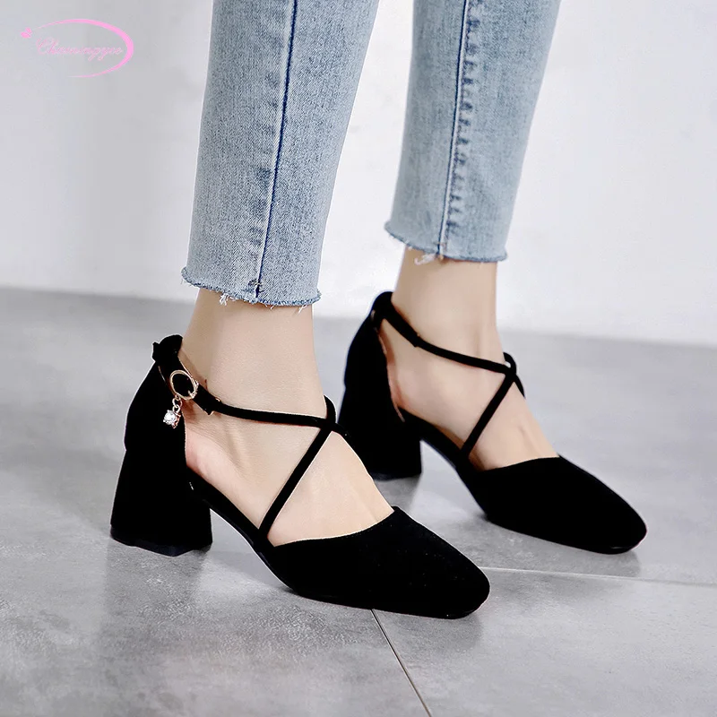 

Chinese OL style comfortable round toe flock summer sandals fashion buckle strap beige red black thick medium with women shoes