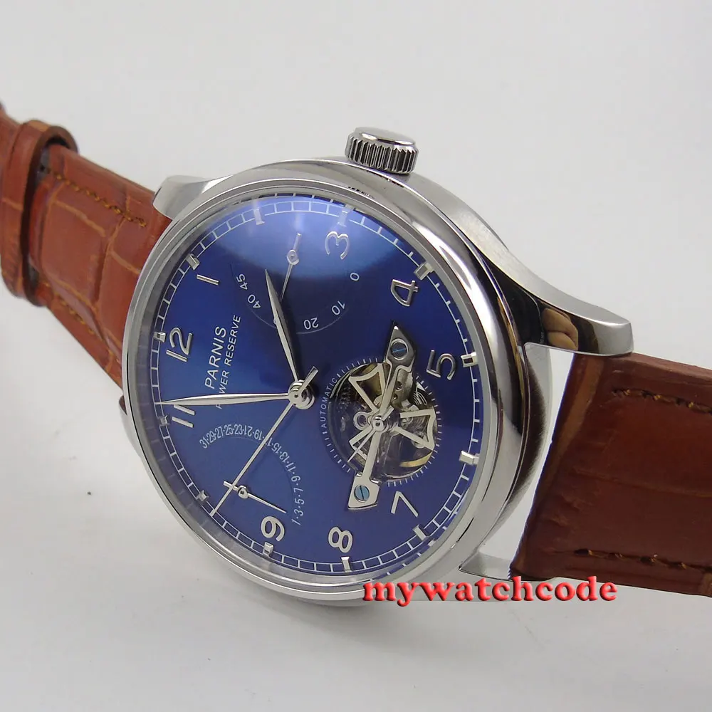 

43mm parnis blue dial power reserve ST automatic movement mens watch 547C