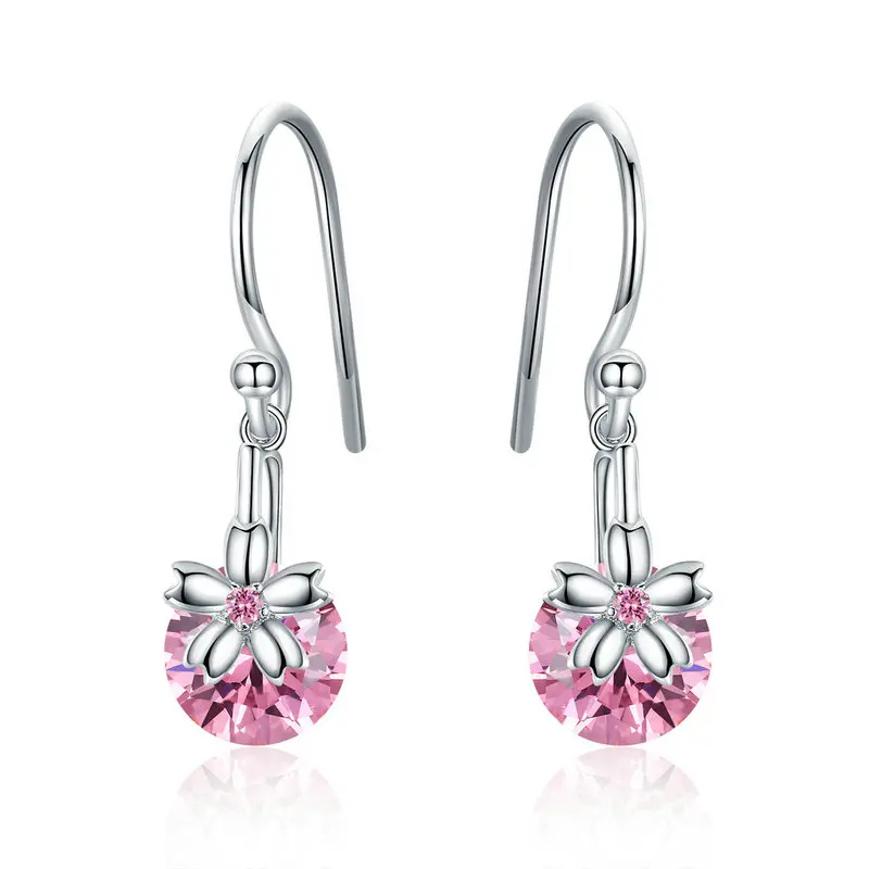

ABAY 925 Sterling Silver Sakura Pink Flower Cubic Zircon Earrings for Women Silver Fashion Wedding Engagement Jewelry Gift