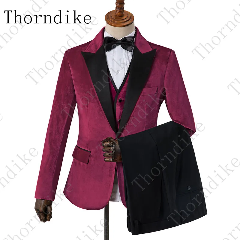 Бархатные облегающие мужские костюмы Thorndike бордового цвета из 3 предметов