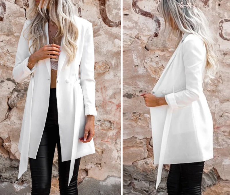 Зимний белый пиджак женский женские Куртки долго office Бизнес костюм дамы Длинные рукава Элегантный пояс пиджаки jaqueta feminina