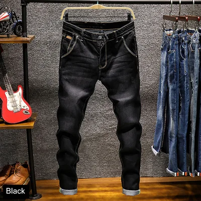 Новые модные мужские джинсы облегающие эластичные узкие брюки цвета хаки, синий, зеленый, хлопковые брендовые классические джинсы мужские узкие джинсы - Цвет: Черный