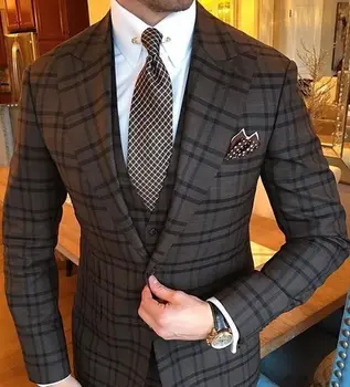 Najtaniej Mężczyzna W Stylu Vintage 3 Sztuka Szary Garnitury Kratę Notch Lapel Mężczyźni Slim Fit Garnitury Groomsmen Smokingi Garnitury ślubne (kurtka + Spodnie + Kamizelka)