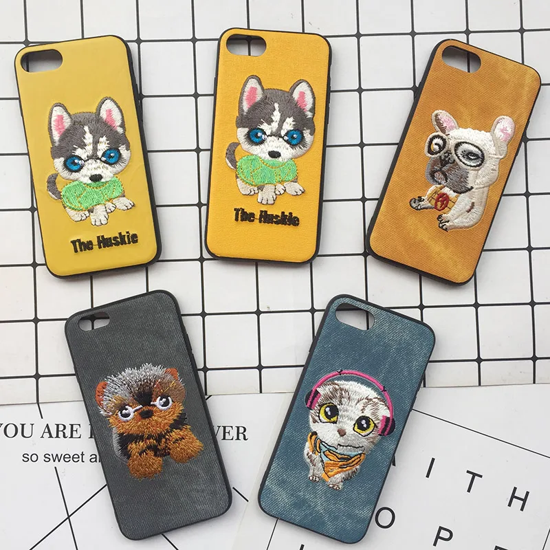 Cute Cartoon Phone Case For iphone X XS Max XR 3D Embroidery Teddy Husky Dogs Duck Pet Fabric Skin Cover For iPhone 6 S 7 8 Plus (2)