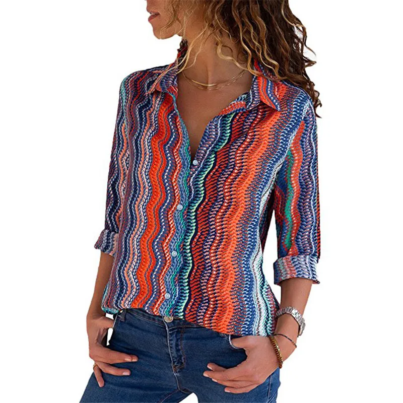 

HOT selling 2019 new casual printing ladies long sleeve V-neck ladies chiffon shirt large size ladies shirt women shirt 2019