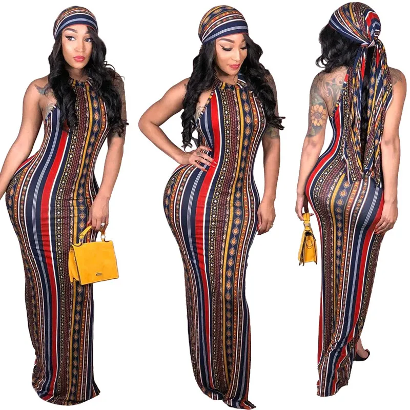 

Vintage Striped Printed Bandage Bodycon Dress High Stretch Sexy Sleeveless Casual Vacation Party Long Maxi Dress With Head Scarf