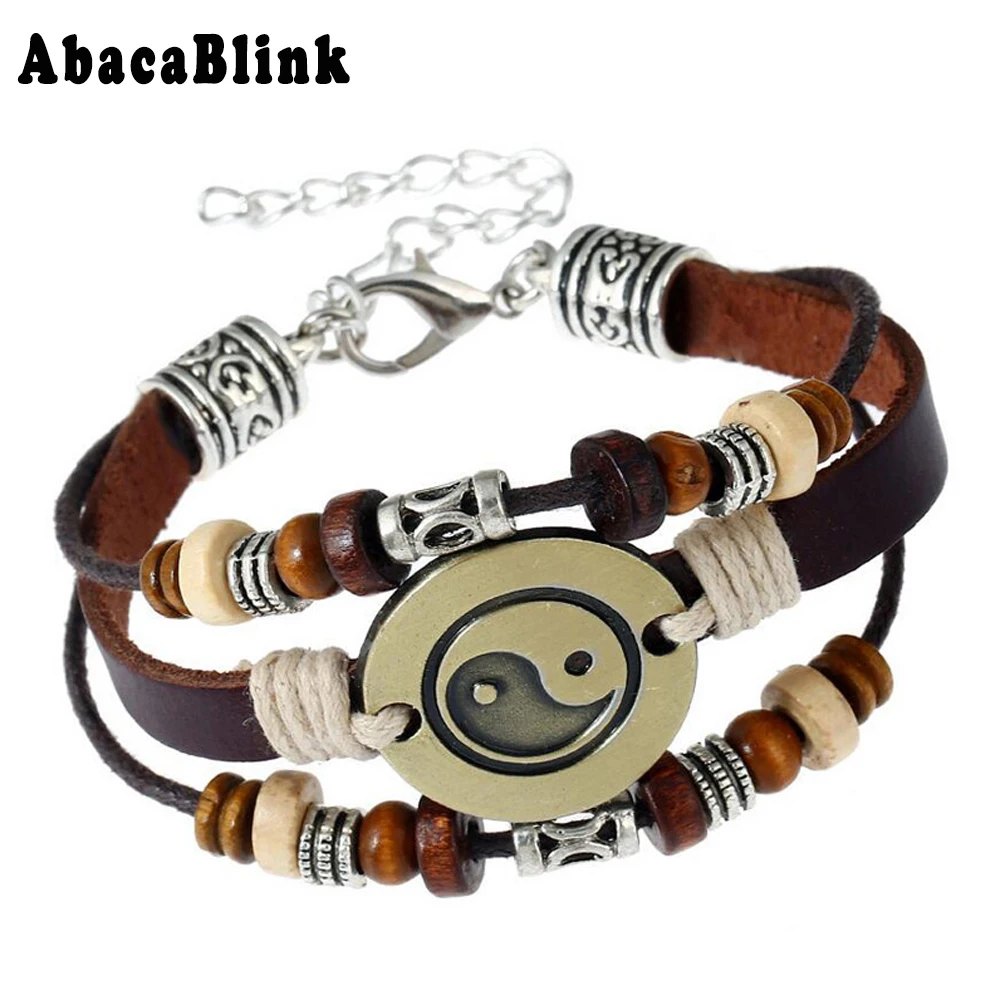 Punk Style Leather Men Bracelet Ethnic Vintage Tai Chi Yin Yang
