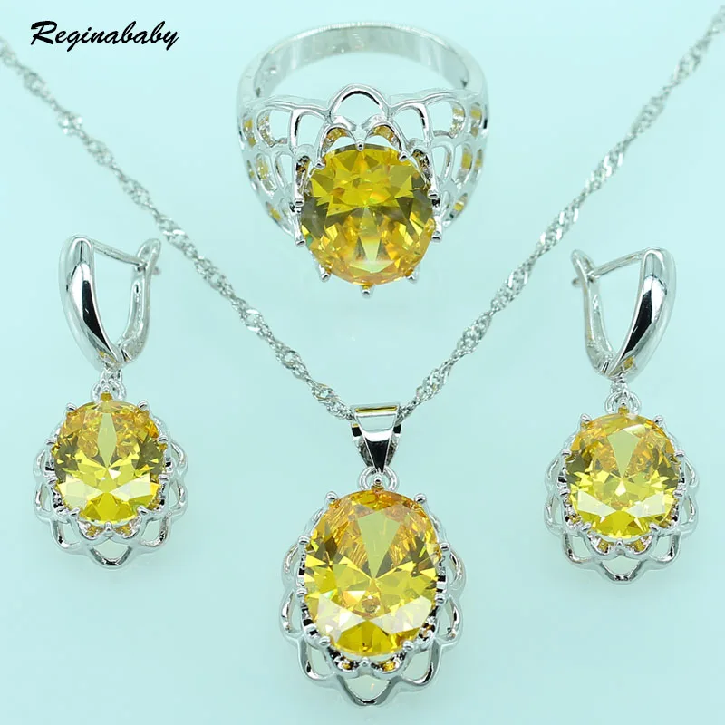 

Reginababy Flower baskets Shaped Silver color Yellow Zircon Jewelry Sets For Women Crystal Necklace Earrings Ring 6/7/8/9/10