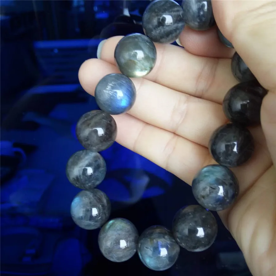 

15mm Genuine Natural Labradorite Gems Stone Crystal Round Beads Stretch Charm Bracelets For Women