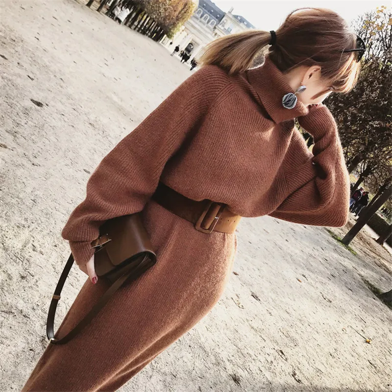 

2018 Drop Ship Winter Female Sweater Dress Women Pullover Turtleneck Long Sleeves Warm Slim Sweater Knitted Dress with Belt