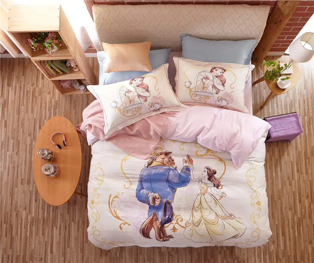 Disney красота и чудовище постельных принадлежностей королева размер девушки пара украшения спальни Египетский хлопок одеяло пододеяльники Твин Полный кровать