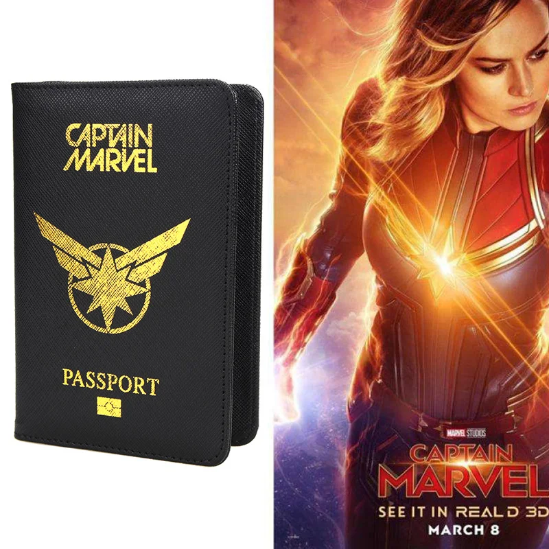 Avengers Captain Marvel Passport Cover Men Women Pu Leather Cross Stripe Rfid Travel Passport