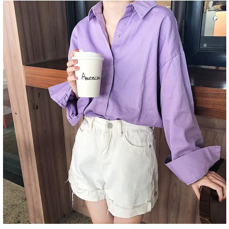 Женская Однотонная рубашка в английском стиле, однобортная хлопковая рубашка с отложным воротником и длинным рукавом на пуговицах, Лидер продаж T8D507Z - Цвет: Purple
