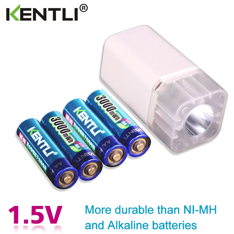 

4pcs KENTLI 1.5v 3000mWh Li-polymer li-ion lithium rechargeable AA battery batteries + 4 slots Charger with LED flashlight