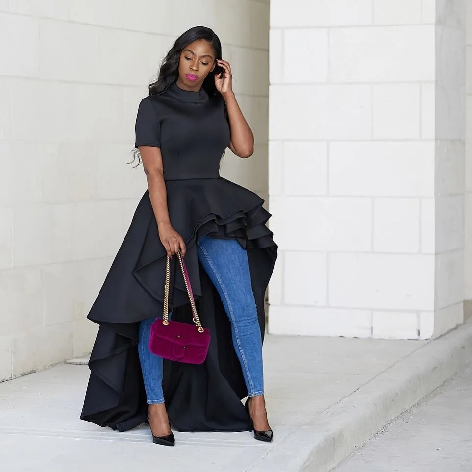 

Women Blouse Shirt Plus Size Ruffle Tails Slim Summer Top Casual Asymmetric Peplum Long Party Blouse