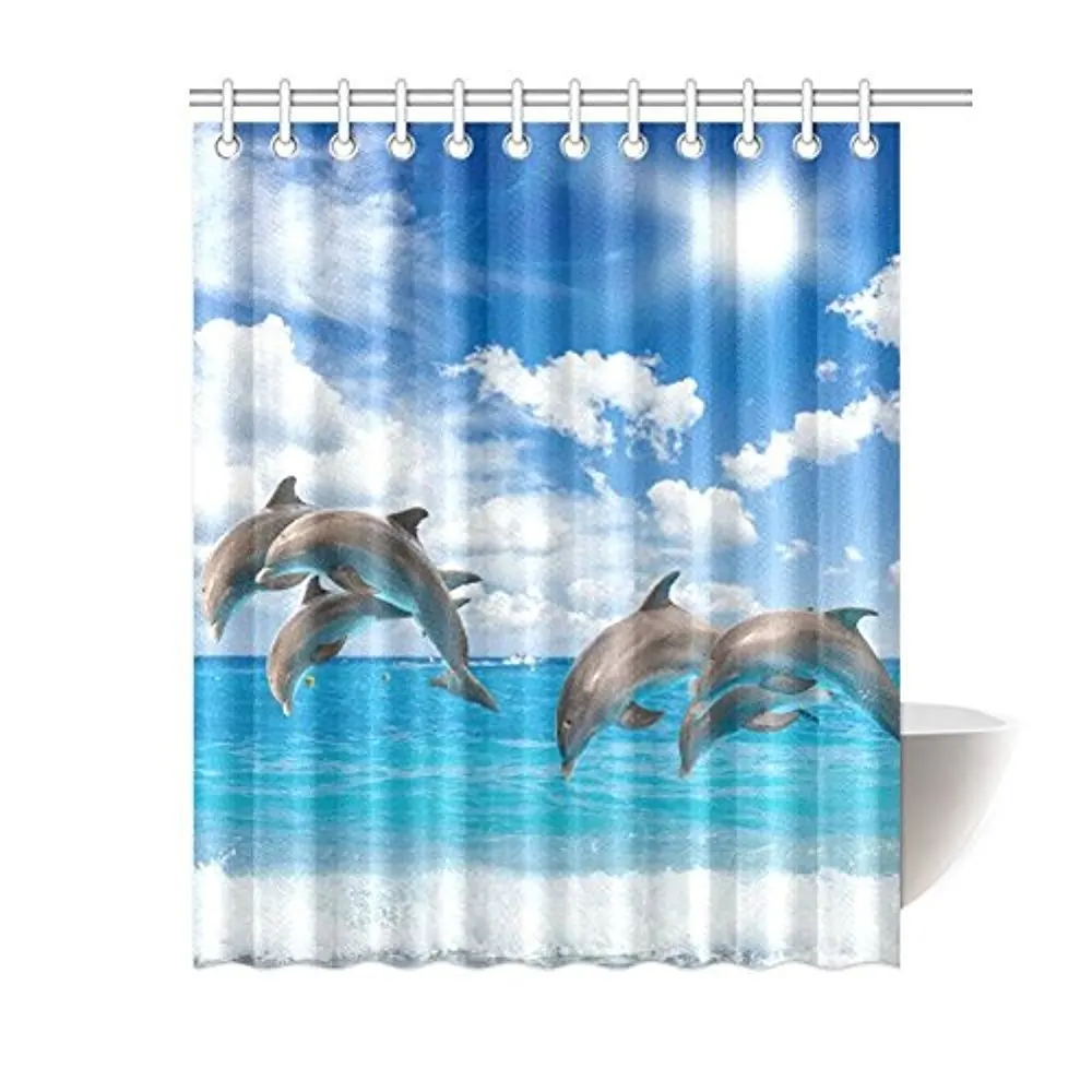 Dolphins Jump in Blue Sea for Home, White Clouds in Sky Fabric Shower