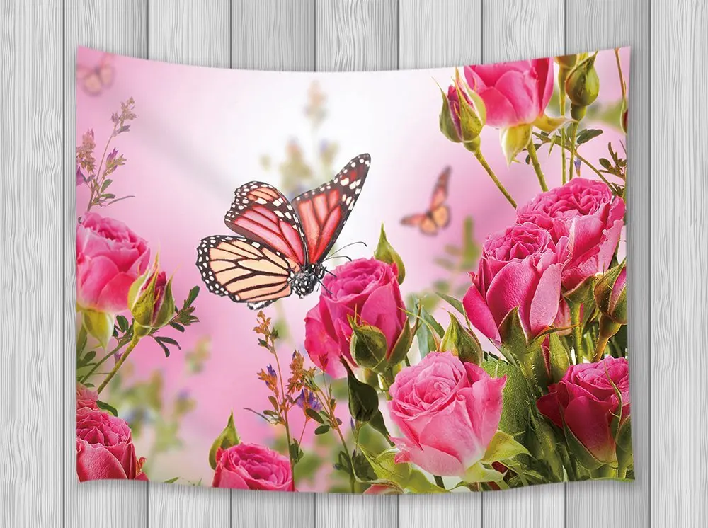 Flower Decor Tapestry Butterfly Over Roses Floral Spring Garden Theme Wall Art Hanging Dorm Wall