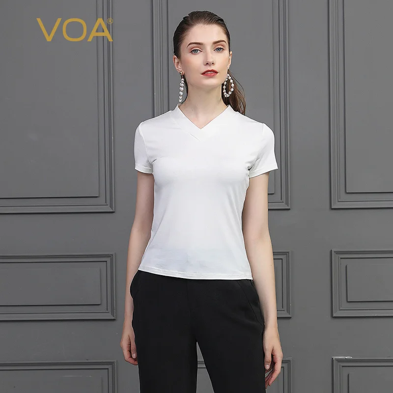 

VOA Silk Knit T Shirt White Slim Women Tee Basic Ladies Tops Summer Short Sleeve Solid Casual Large Size Streetwear B2719