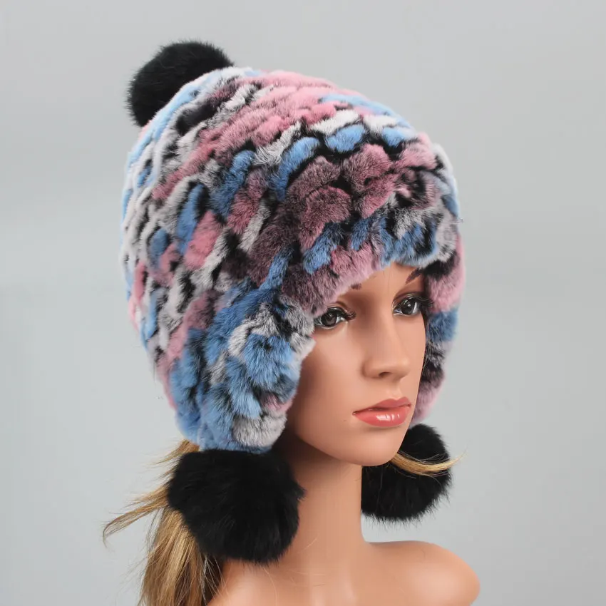 

ICYMI Genuine Elastic Knitted Rex Rabbit Fur Hat for Women Russian Hat ushanka Natural Stripe Fur Cap lady winter Warm Head Wear