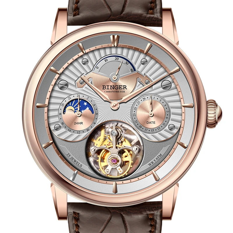Швейцарские часы BINGER, мужские брендовые роскошные механические часы с автоматическим перемещением чайки, мужские часы с турбийоном, сапфиром, аллигатором
