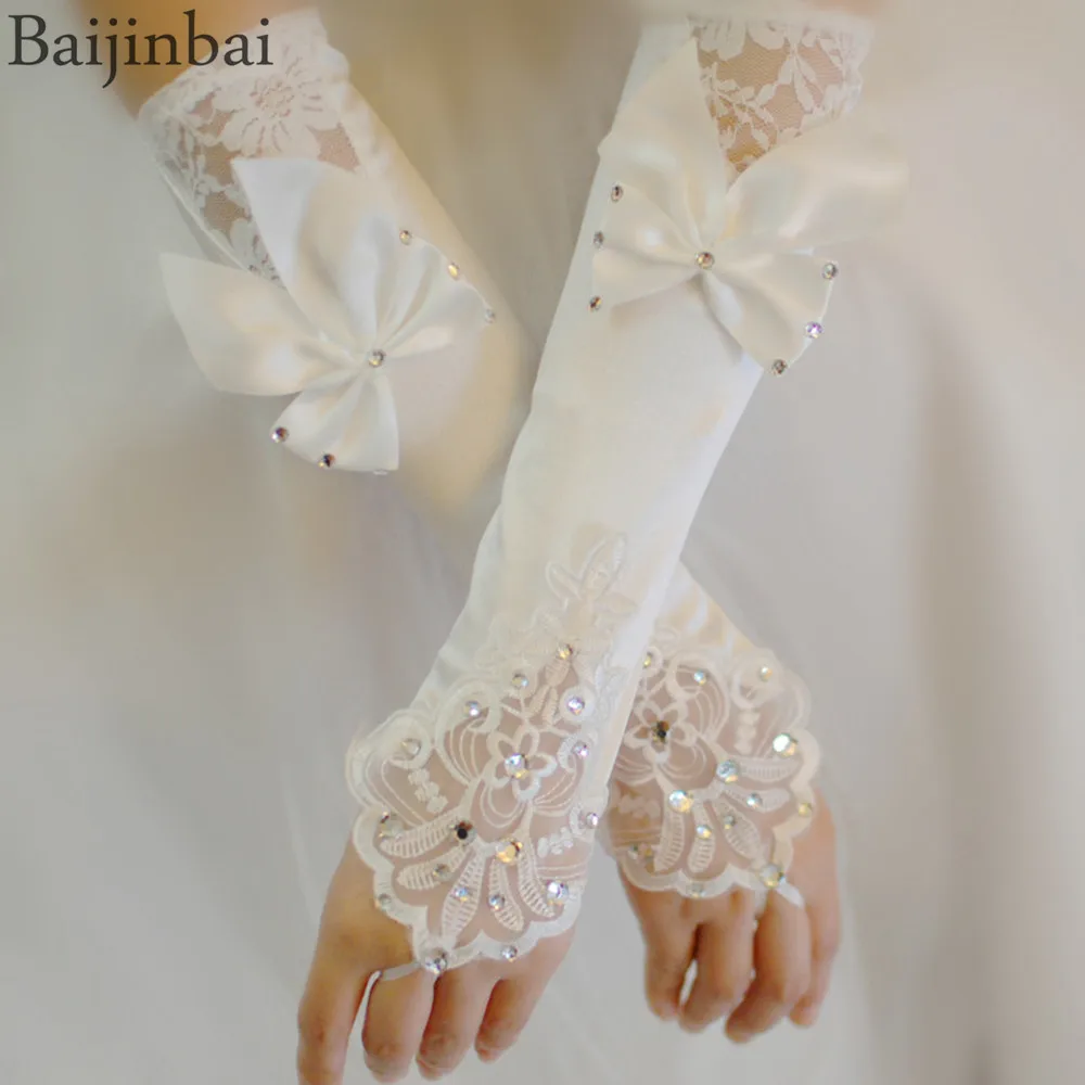 Baijinbai Ivory Fingerless Bridal Gloves Lace Edge Bow Beaded Satin