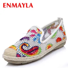 Лучший! ENMAYLA Новая Коллекция Весна Лето Белые Туфли Женщина Конопля Каблук Вышивать Плоские Туфли Женщины