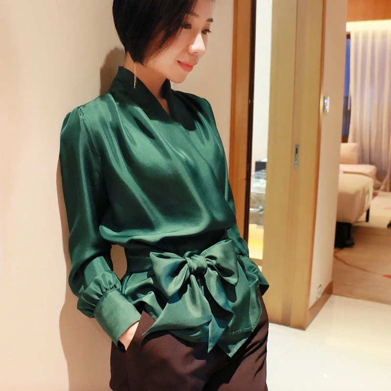 

Women Lantern Sleeve V Neck Bow Belt 100% Silk Blouse Summer Casual Work Solid Color Office OL Shirt Top Blusa Femme S-2XL E6083