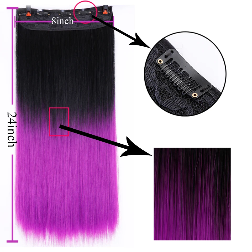 AOSIWIG 24inch 5 clipsins Straight Hair Extentions Clip in on Hair Extension Black to Red Ombre Hairpiece Synthetic