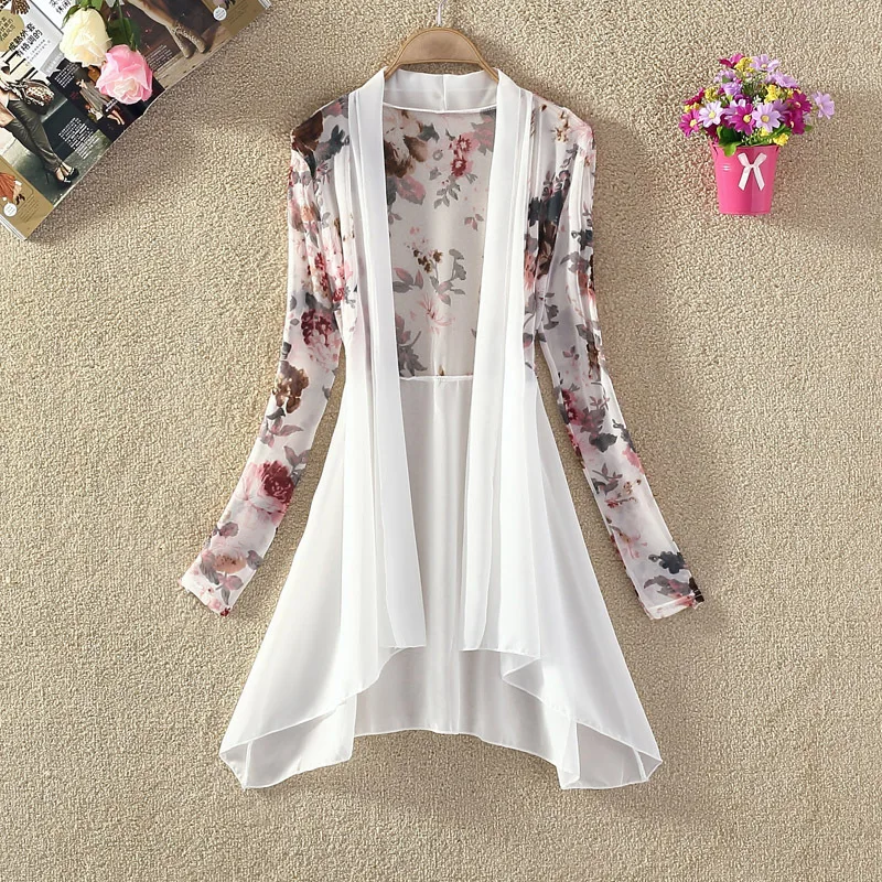 

Chiffon Cardigan Kimono Floral Top Summer Cardigan Women Boho White Shirt Patchwork Vintage Asymmetrical 2019 Korean Clothes New