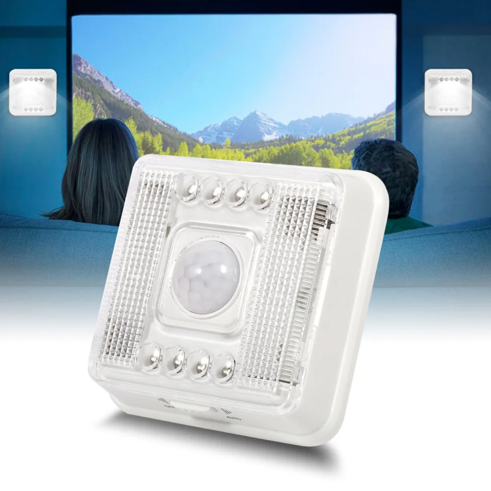 New Wireless PIR Sensor LED Light Battery Power 8 LED Square